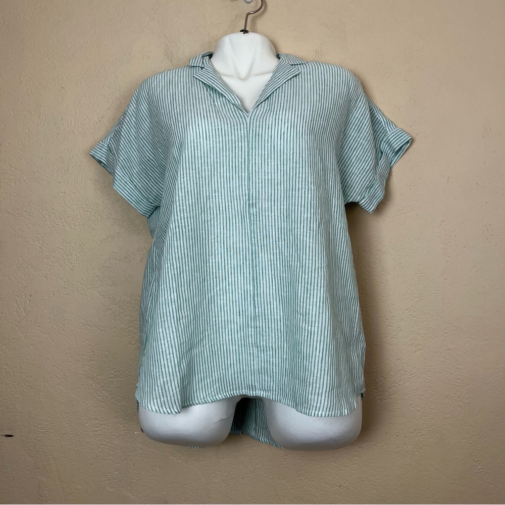 BeachLunchLounge Womens Medium 55% Linen Blend Green‎ Striped Summer Shirt
